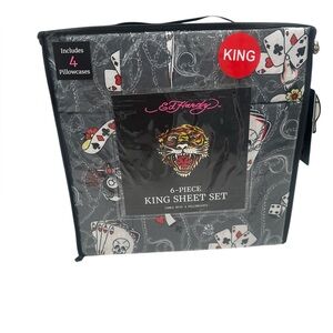 Ed Hardy King Sheet Set 6-Piece Grey with Tiger Skull Playing Cards Print NWT